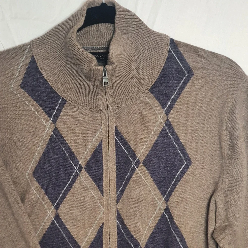 Banana Republic Mens Argyle Full Zip Cardigan Sweater Brown 100% Cotton M 302721